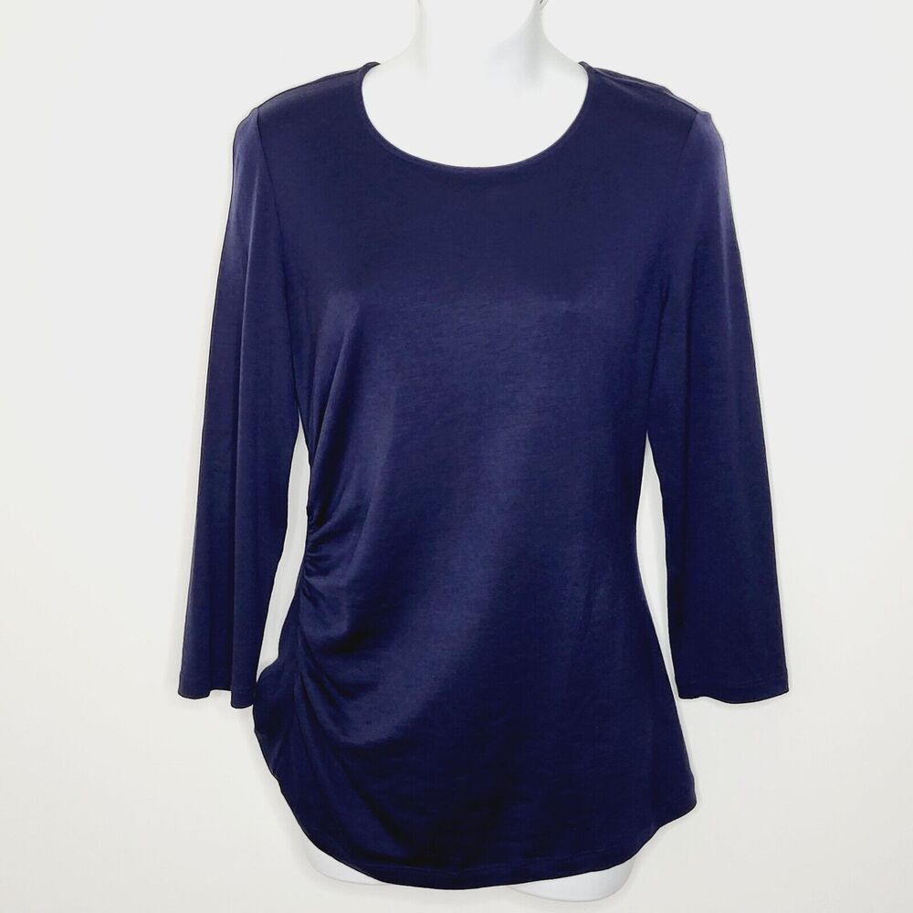 Lafayette 148 Blouse Women's Large Marine Blue Wool Ruched Stretch 3/4 Sleeve